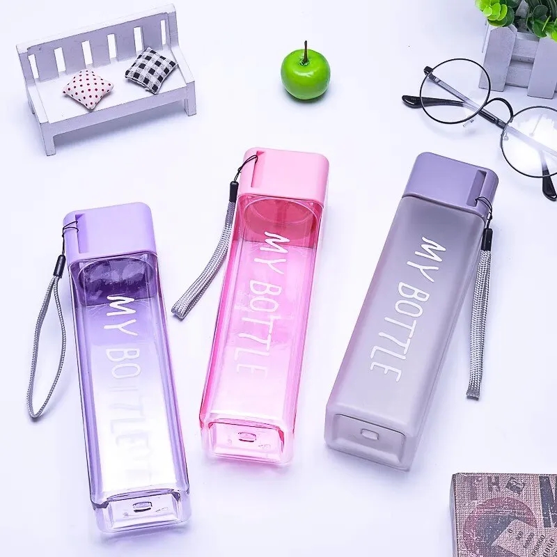 Outdoor Sport Glass Water Bottle - แก้วน้ำพลาสติกใสทรงเหลี่ยม 450 มล. 1 ชิ้น พร้อมสายคล้องคอสำหรับพกพา