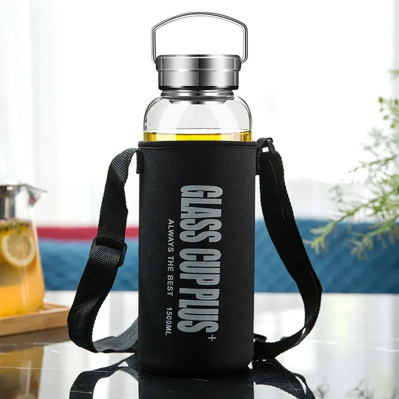 Outdoor Sport Glass Water Bottle - ขวดน้ําแก้ว 2 ลิตรพร้อมสายรัด, ขวดน้ํากีฬาเดินทางกลางแจ้งแบบพกพาเครื่องดื่มรั่วซึมขวดแก้วชาพร้อมที่กรอง